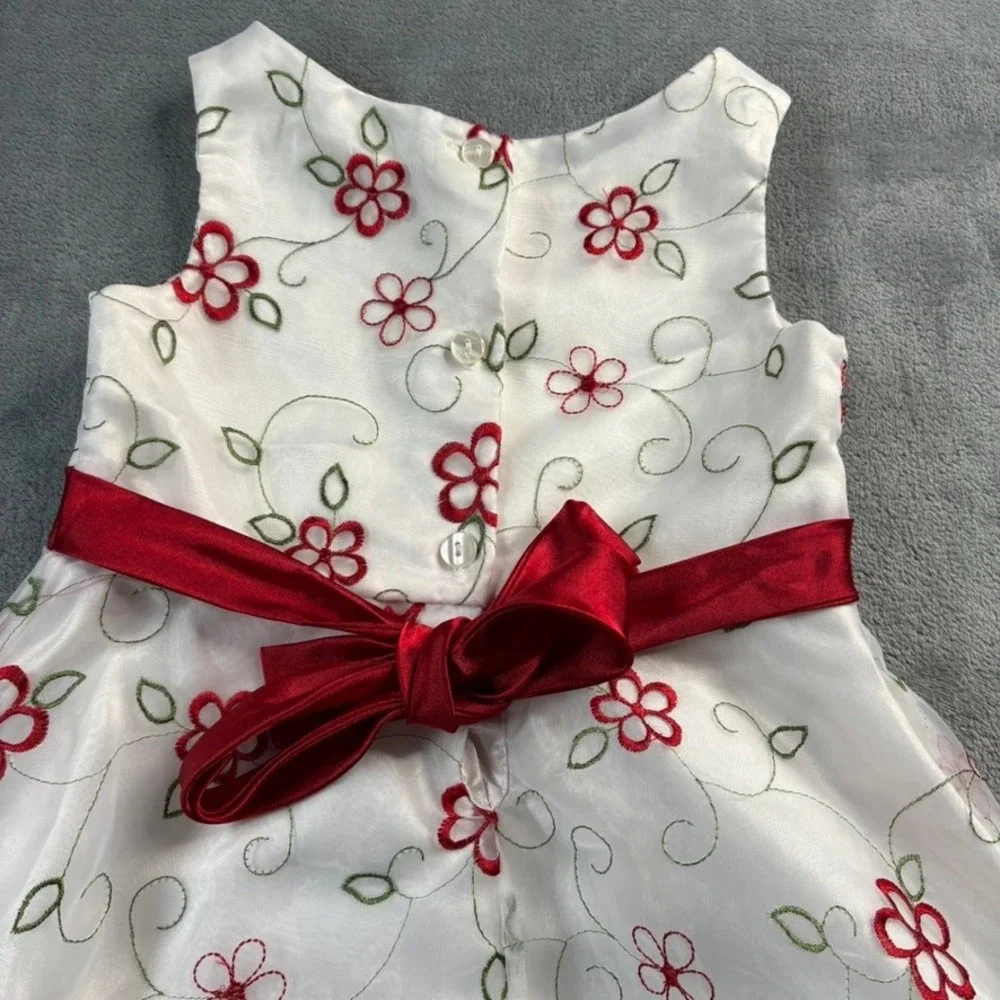 Youngland Girls White Red Floral Embroidered Dress Ribbon‎ Bow Party Size 5